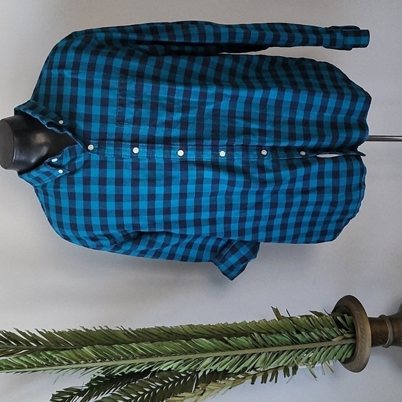 Old Navy Slim fit teal and black buffalo check button down - Picture 1 of 6